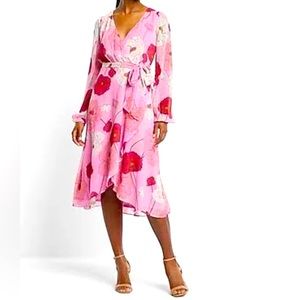 Express 🩷 Casual Floral Wrap Tie Waist Midi Dress